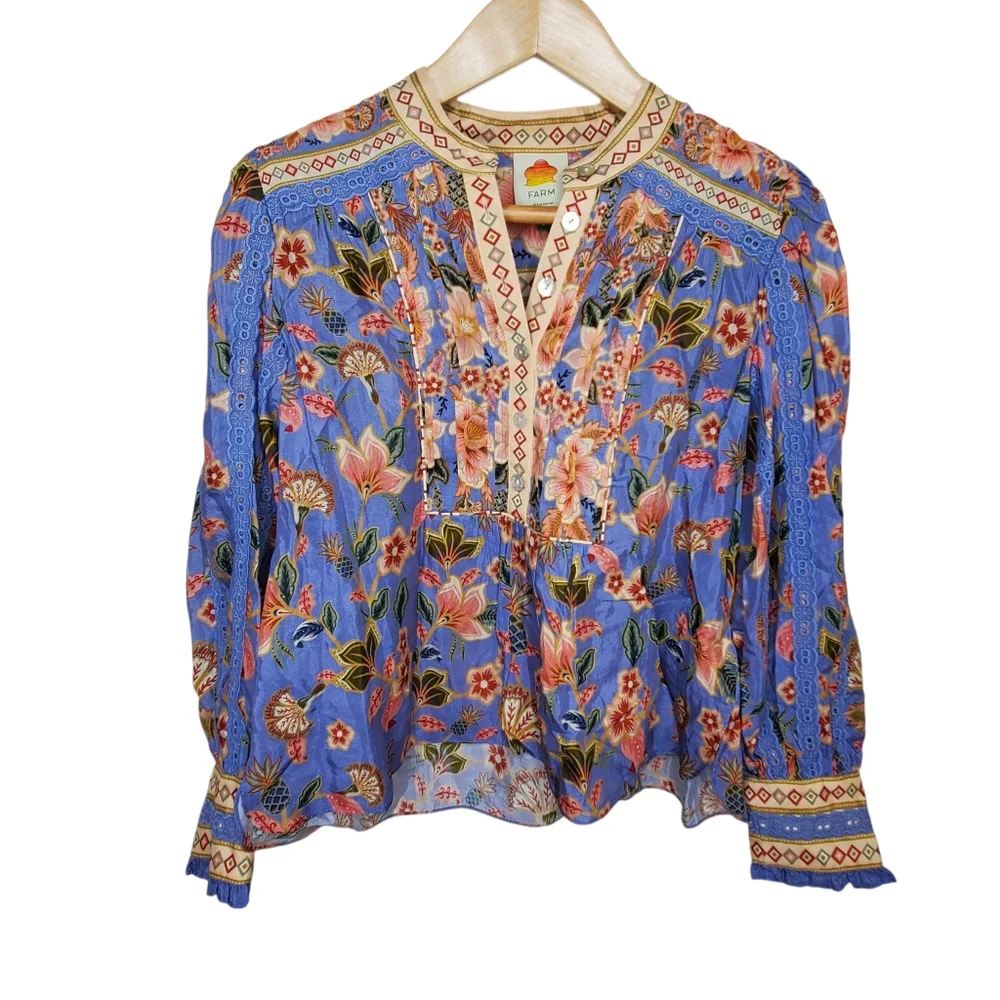 Farm Rio Superbloom Tapestry Top Boho Feminine Blue Small 253 - Picture 2 of 10